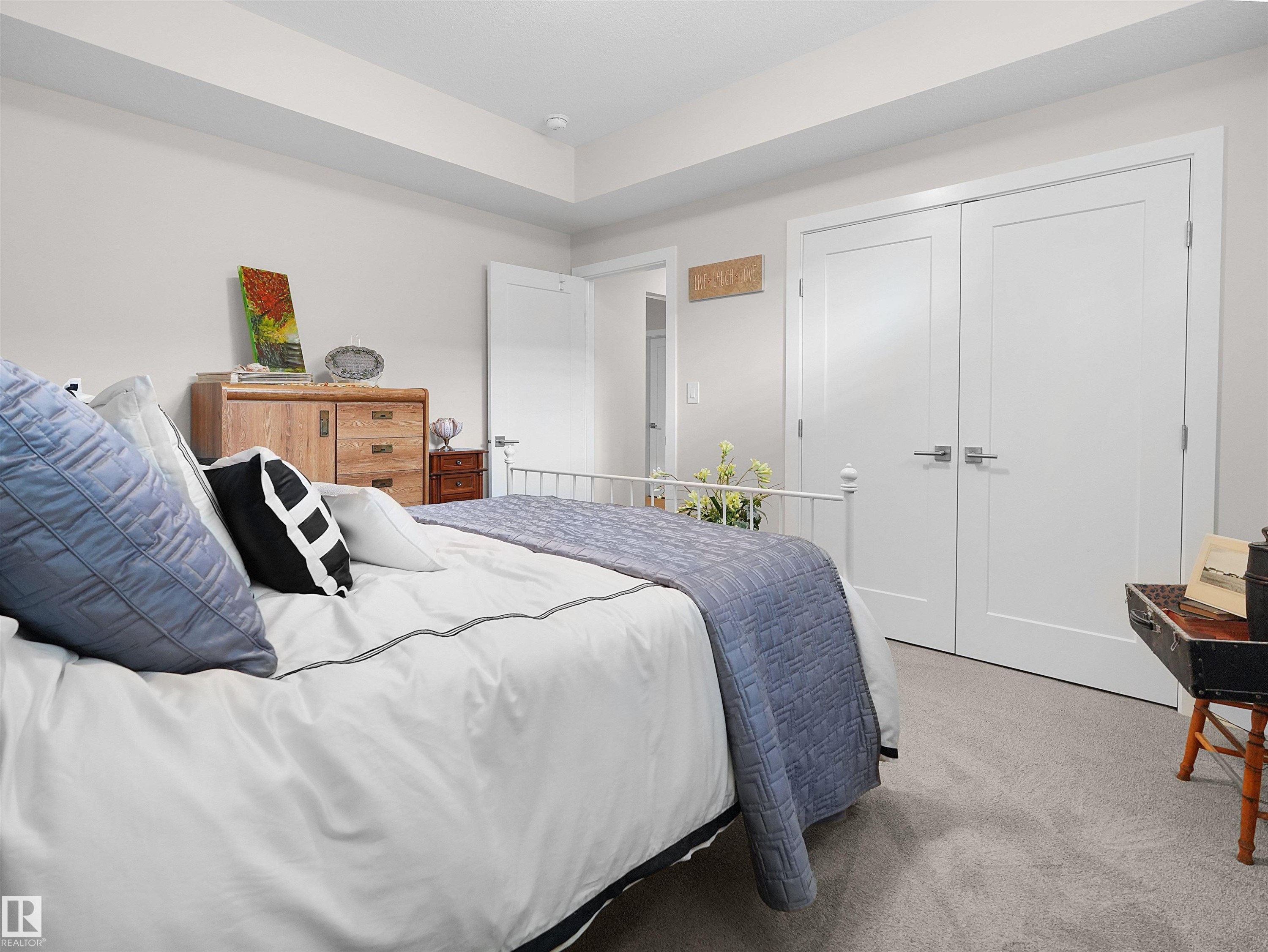 Plush carpeting, recessed ceiling, and white interior doors - 904 Wood Place Nw, Edmonton, AB