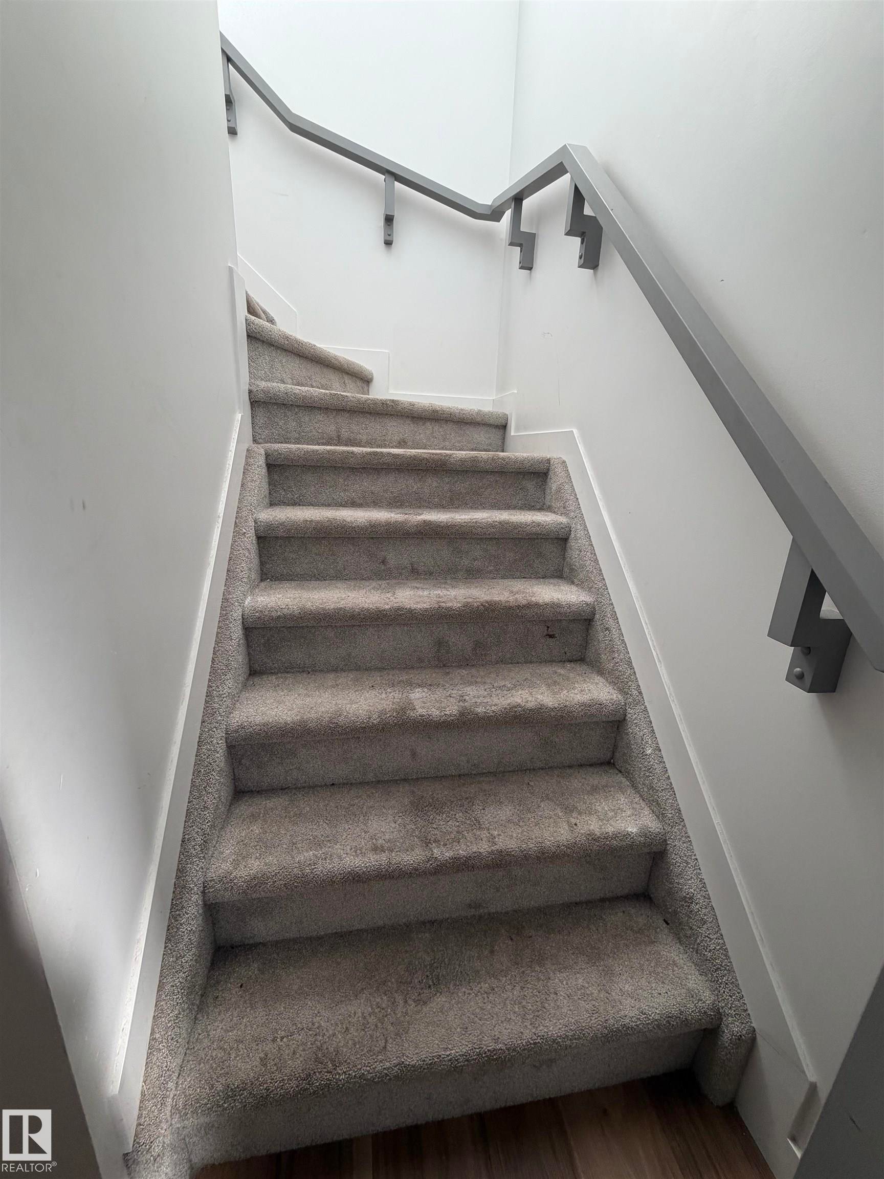 Carpeted staircase with contemporary grey handrail - 11442 82 Street Nw, Edmonton, AB