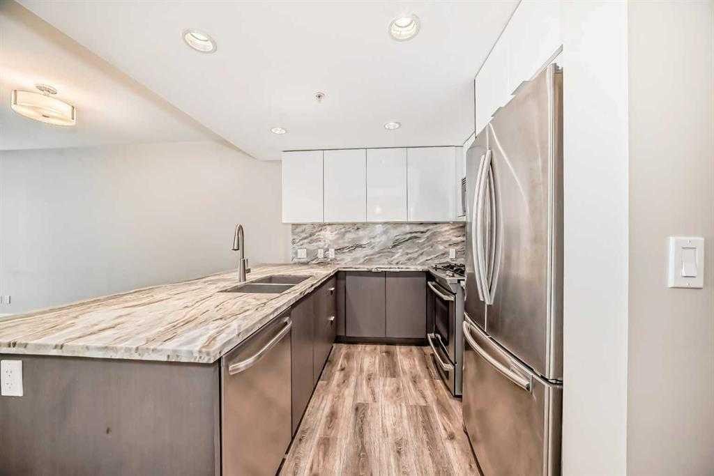 307-519 Riverfront Avenue Se, Calgary, AB - Indoor Photo Showing Kitchen With Double Sink With Upgraded Kitchen