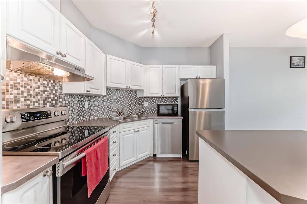 209-1000 Applevillage Court Se, Calgary, AB - Indoor Photo Showing Kitchen With Stainless Steel Kitchen With Upgraded Kitchen