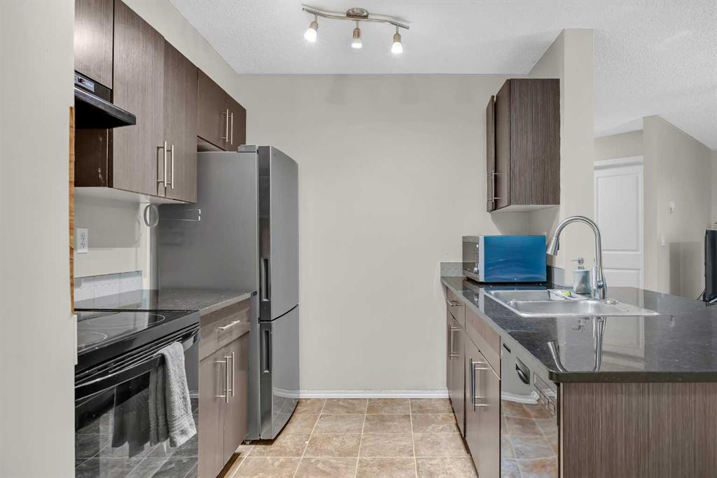 207-5 Saddlestone Way Ne, Calgary, AB - Indoor Photo Showing Kitchen With Stainless Steel Kitchen With Double Sink With Upgraded Kitchen