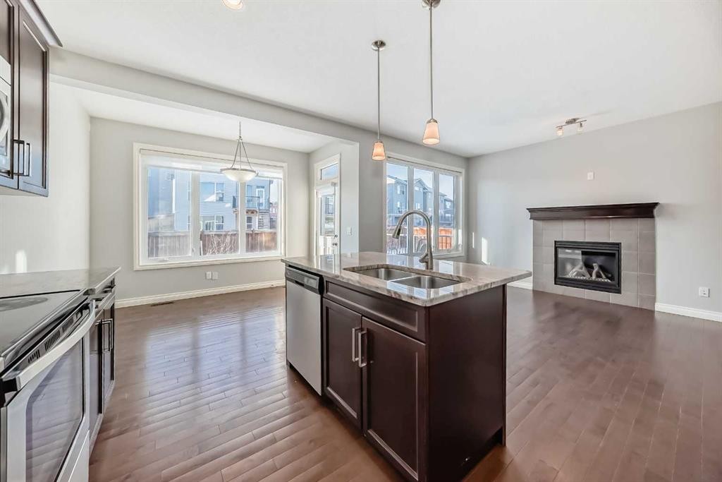 58 Sherwood Street Nw, Calgary, AB - Indoor Photo Showing Kitchen With Fireplace With Double Sink
