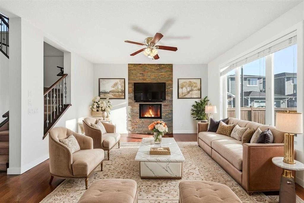 59 Redstone Park Ne, Calgary, AB - Indoor Photo Showing Living Room With Fireplace