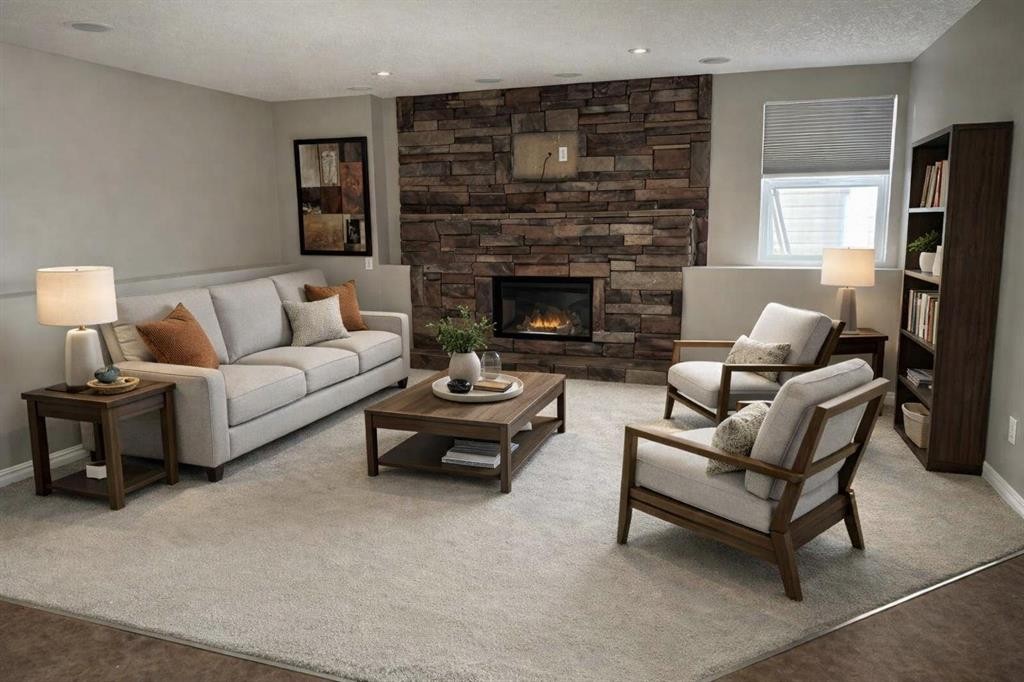 26 Copperfield View Se, Calgary, AB - Indoor Photo Showing Living Room With Fireplace