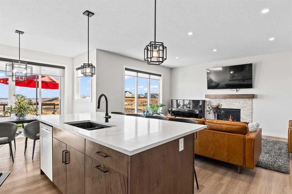 68 Walcrest View Se, Calgary, AB - Indoor Photo Showing Kitchen With Fireplace With Double Sink With Upgraded Kitchen
