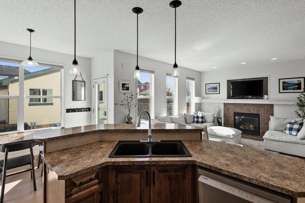 800 Prestwick Circle Se, Calgary, AB - Indoor Photo Showing Kitchen With Fireplace With Double Sink