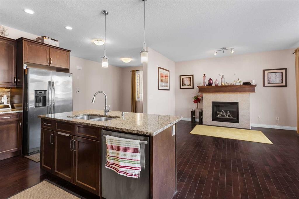 529 Saddlelake Drive Ne, Calgary, AB - Indoor Photo Showing Kitchen With Fireplace With Double Sink