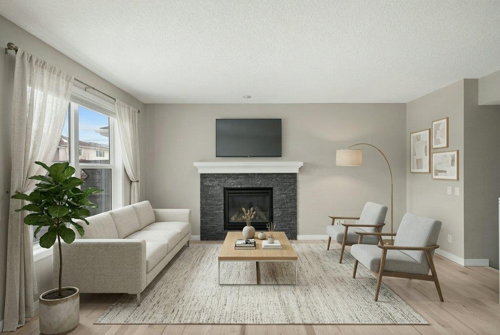 54 Auburn Crest Way Se, Calgary, AB - Indoor Photo Showing Living Room With Fireplace