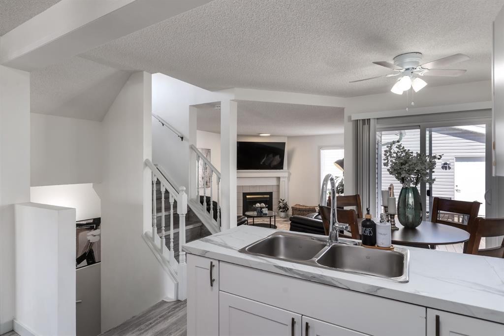 303 Coventry Close Ne, Calgary, AB - Indoor Photo Showing Kitchen With Fireplace With Double Sink