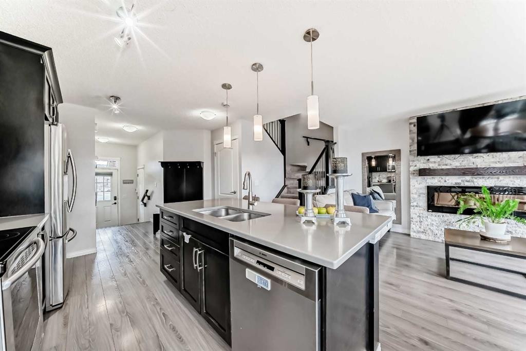 289 Auburn Meadows Place Se, Calgary, AB - Indoor Photo Showing Kitchen With Fireplace With Double Sink With Upgraded Kitchen