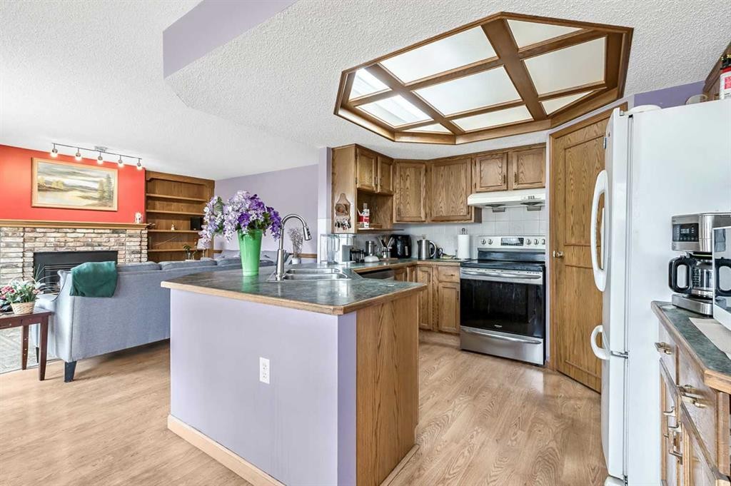 124 Catalina Place Ne, Calgary, AB - Indoor Photo Showing Kitchen With Fireplace