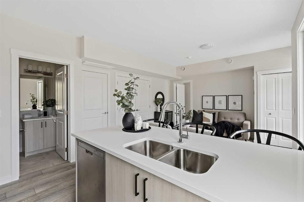 301-255 Rowmont Boulevard Nw, Calgary, AB - Indoor Photo Showing Kitchen With Double Sink