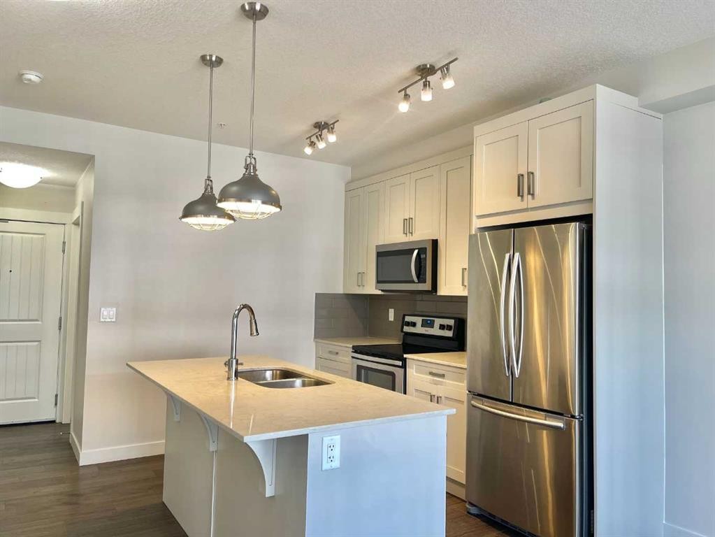 302-100 Auburn Meadows Common Se, Calgary, AB - Indoor Photo Showing Kitchen With Stainless Steel Kitchen With Double Sink With Upgraded Kitchen