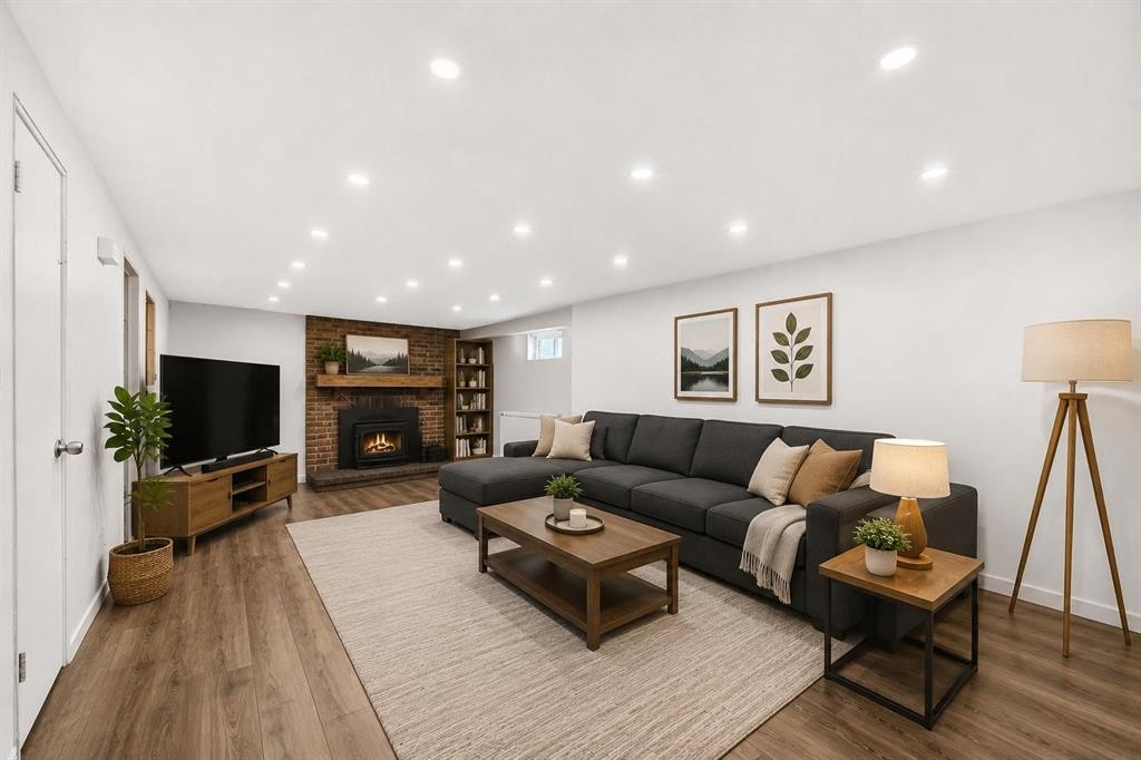 6016 18 Avenue Ne, Calgary, AB - Indoor Photo Showing Living Room With Fireplace