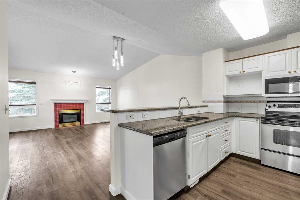 68 Catalina Circle Ne, Calgary, AB - Indoor Photo Showing Kitchen With Fireplace With Stainless Steel Kitchen