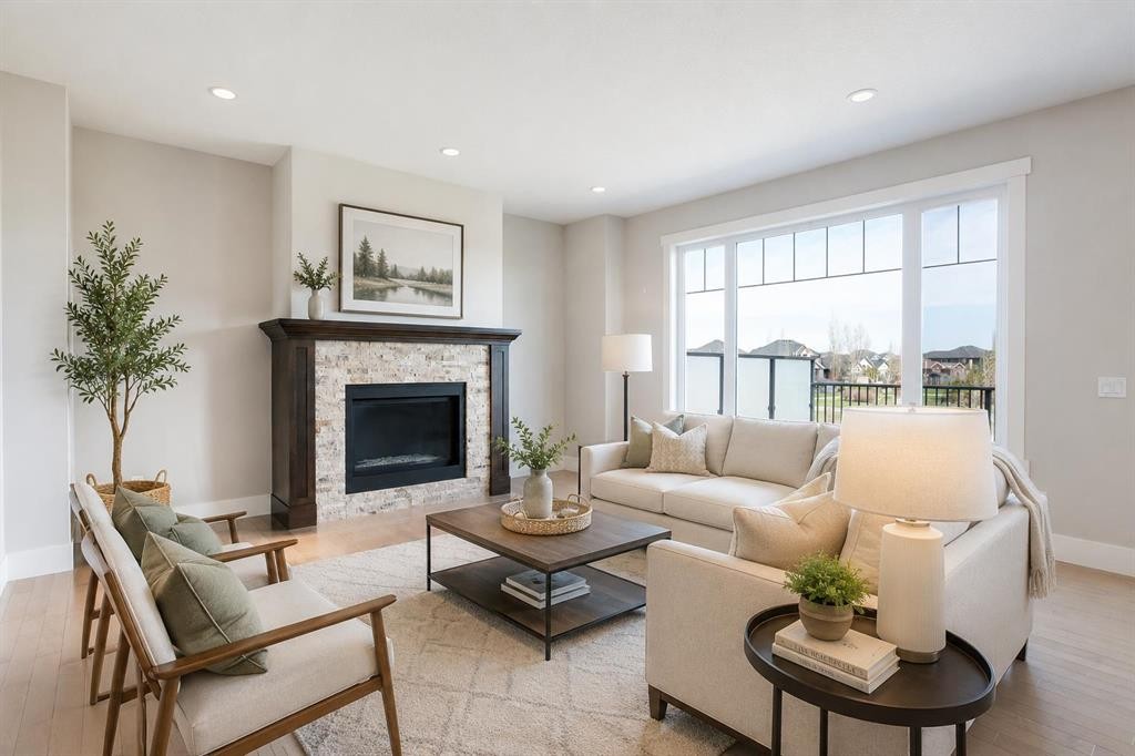 49 Cimarron Springs Circle, Okotoks, AB - Indoor Photo Showing Living Room With Fireplace