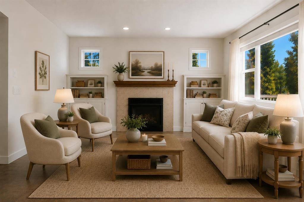 204 Eversyde Mews Sw, Calgary, AB - Indoor Photo Showing Living Room With Fireplace
