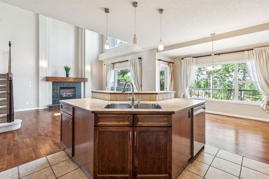 91 St Moritz Terrace Sw, Calgary, AB - Indoor Photo Showing Kitchen With Fireplace With Double Sink