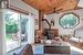 living room, woodstove on brick hearth