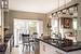 Kitchen, granite counters, & island, lovely  pendant lights