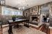 Home office with a tile fireplace, an inviting chandelier, and dark wood-type flooring