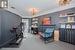 Workout area featuring light colored carpet, a chandelier, crown molding, and radiator