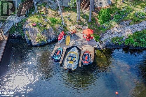 Sky View of the docking system at the shore. - 4406 Conners Bay Lane, Severn, ON - Outdoor With Body Of Water