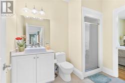 Main level 3 piece bathroom with additional access to guest bedroom. - 