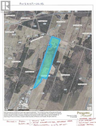 Blue area highlites land for sale. Bottom is South - 0000 Happy Hollow Road, Vankleek Hill, ON 
