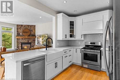 123 Inglis Drive, Grey Highlands, ON - Indoor Photo Showing Kitchen With Fireplace With Double Sink With Upgraded Kitchen