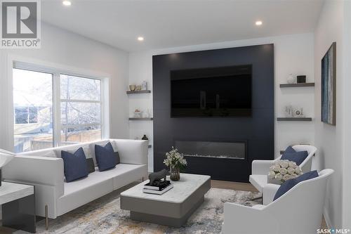 124 Durham Drive, Regina, SK - Indoor Photo Showing Living Room With Fireplace