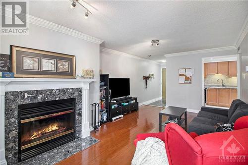 Cozy wood burning fireplace - 939 North River Road Unit#104, Ottawa, ON - Indoor Photo Showing Living Room With Fireplace