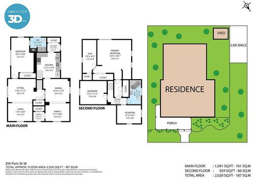 Main floor: 1091 sq ft. Second floor 929 sq ft. Total 2020 sq feet. - 314 Park Street W, Dundas, ON - Other