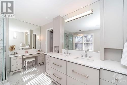 Renovated Primary En-Suite with Quartz Counters, Soaker Tub and Glass Shower - 48 Marble Arch Crescent, Ottawa, ON - Indoor Photo Showing Bathroom