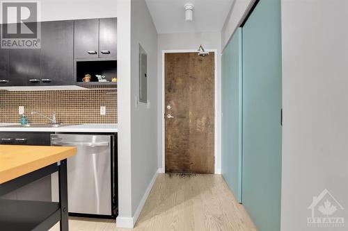Clean design wood entry door, light wood floors, clean lines,  tall modern, quality sliding doors, neutral tones with accent color. - 179 George Street Unit#509, Ottawa, ON - Indoor