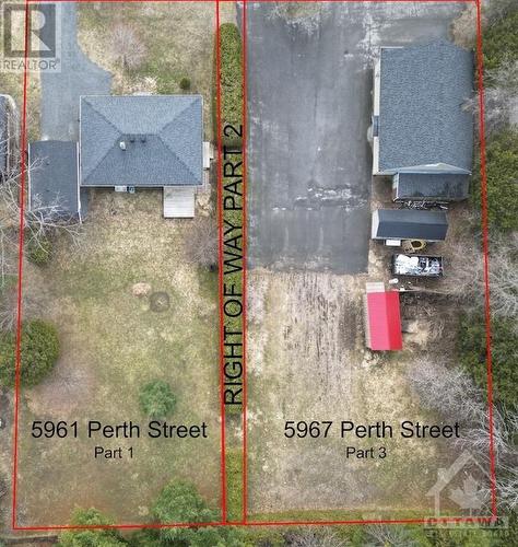 Red outlines denote approximate property line layout for 5961 Perth Street. Also illustrated in red outline is 5967 Perth Street, also available for sale, MLS#1382913. See available survey for mor - 5961 Perth Street, Ottawa, ON - 