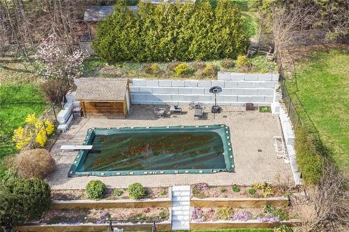 Ariel view of the pool and garden area from the house. - 64 Terrace Drive, Dundas, ON - Outdoor