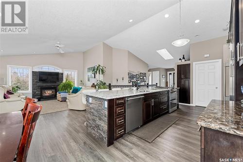 23 Dawn Road, Moose Jaw Rm No. 161, SK - Indoor Photo Showing Kitchen With Fireplace With Double Sink