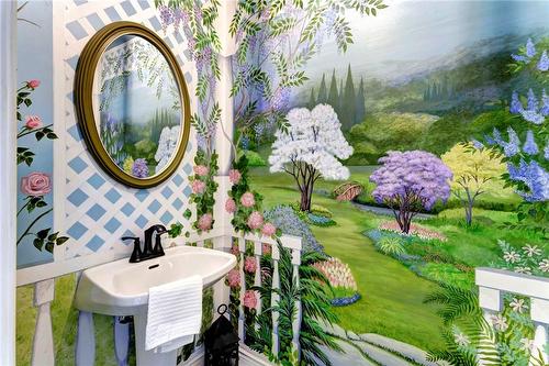Hand-painted mural in powder room brings the gardens inside. So enchanting! - 501 Winona Road, Stoney Creek, ON - 