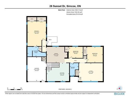 Main Level Floor Plan highlights the lovely Primary Suite addition (2000) = 1686 sqft. - 28 Sunset Drive, Simcoe, ON - Other