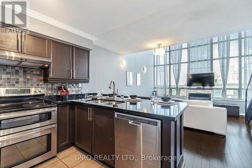 715 - 250 Manitoba Street, Toronto, ON - Indoor Photo Showing Kitchen With Fireplace With Double Sink