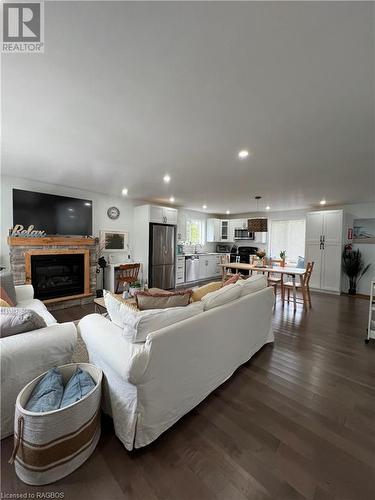 Open Design - 587 Dorcas Bay Road, Northern Bruce Peninsula, ON - Indoor Photo Showing Living Room With Fireplace