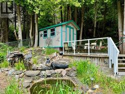 Pond feature with a waterfall and elevated deck area overlooks the pool area. - 