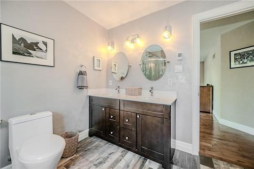 Spa like ensuite has double vanity and heated floors - 61 Richmond Crescent, Stoney Creek, ON - Indoor Photo Showing Bathroom