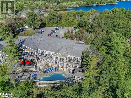 Aerial of Main Lodge - 1869 Muskoka Road 118 Highway W Unit# L209 C1, Bracebridge, ON - Outdoor With Body Of Water With View