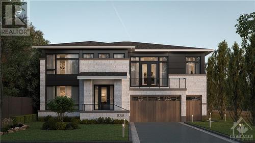 Rendering of exterior finishes and elevation. Garage will be bumped out to make a three car garage. Design and finish may change without notice. - 836 Hare Avenue, Ottawa, ON - Outdoor With Facade