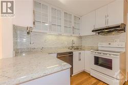 Updated kitchen with granite countertop, tall cabinetries with glass accents, and newer Bosch dishwasher - 