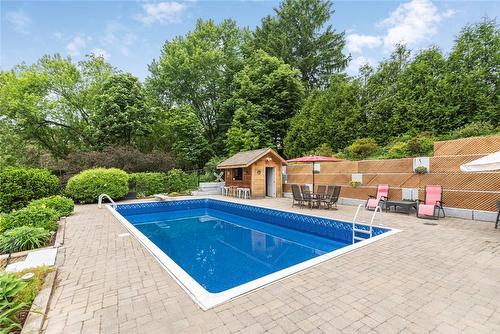 Pool is 3' in the shallow; 11' in the deep with the safety ledge around the perimeter - 64 Terrace Drive, Dundas, ON - Outdoor With In Ground Pool With Backyard