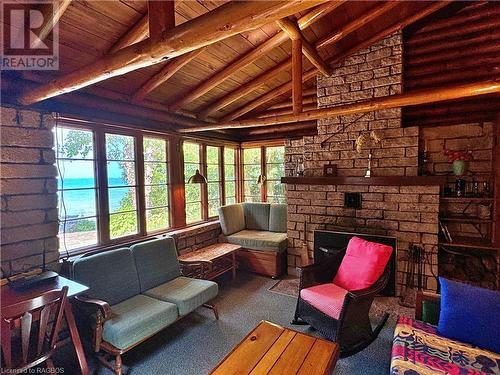 Living Room, Fireplace, Rafters and LakeView. Pretty sweet! - 204 Victoria Street, Inverhuron, ON - 