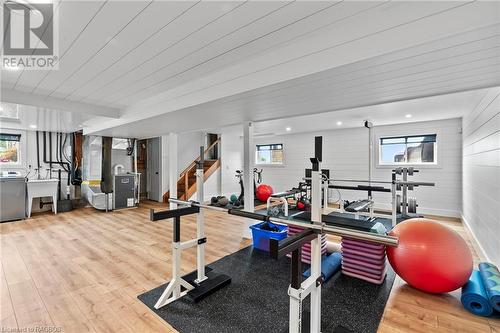 Lower Level Rec/Laundry & Utility Rm - 98 North Shore Road, Saugeen Shores, ON - Indoor Photo Showing Gym Room